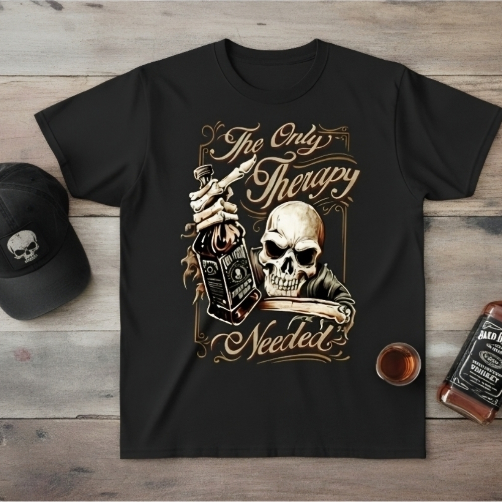 Skull Whiskey Shirt Drinking Humor Tee The Only Therapy Needed Edgy